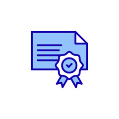 Blue document with checkmark ribbon icon on transparent background