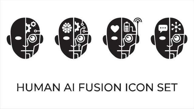 Set of four human ai fusion icons displaying half human half circuit board faces with integrated brain and tech elements