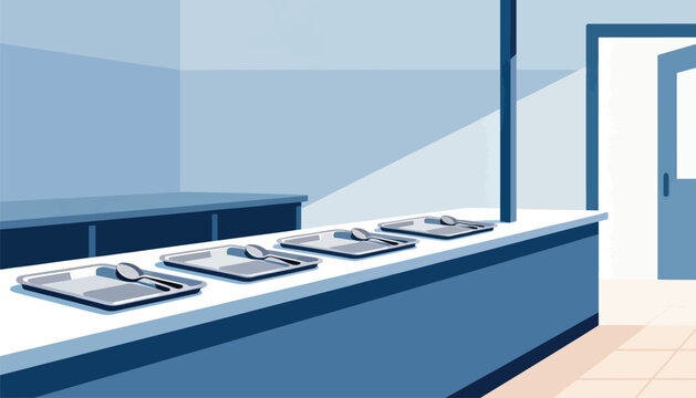 Empty food trays with spoons sit on a serving counter in a cafeteria