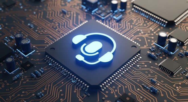 Close-up of circuit board with glowing headset symbol on chip, implying audio processing