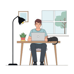 Fototapeta premium Man working on laptop at home with cat sleeping on desk, cozy home office