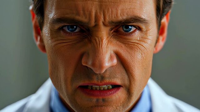 Extreme Close Up of Angry Man doctor with Blue Eyes Clenching Teeth and Frowning with Intense Furious Expression. portrait of a young angry  man doctor