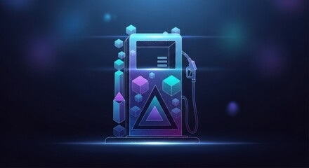 Naklejka premium Digital rendering of a fuel pump outlined in glowing neon and geometric shapes