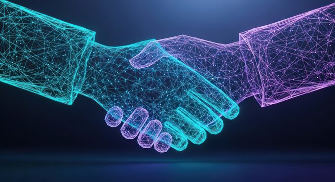 Digitally rendered handshake, glowing blue and purple, networked, dark background
