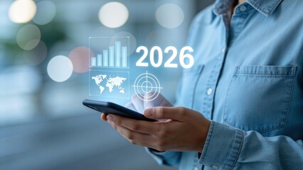 Fototapeta premium Business analytics and global strategy concept for 2026 on smartphone screen,financial growth chart and world map interface,market forecast and target planning visualization