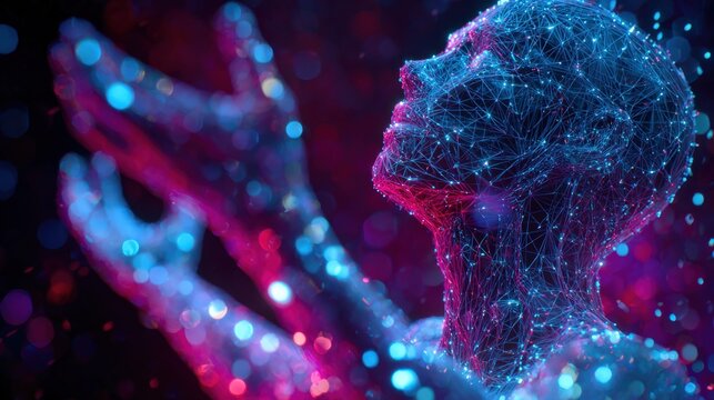 A digital representation of the human form, an amalgamation of interconnected nodes and glowing circuits. ..Created with Generative AI, not depicting real subjects.