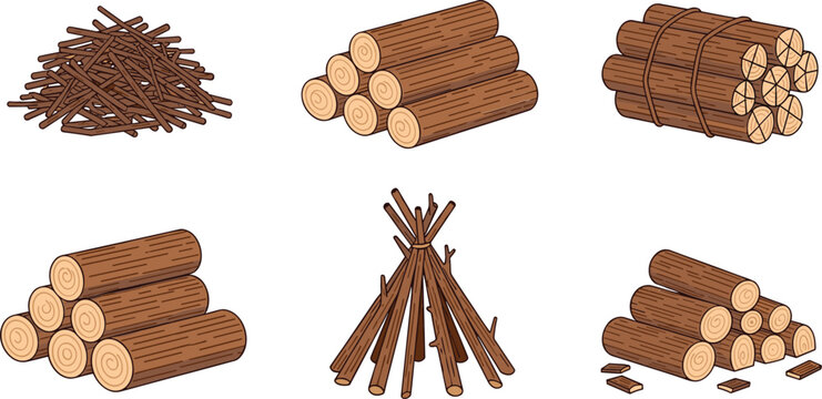 Set of various wooden logs, stacked firewood, kindling sticks, and timber bundles in flat vector illustration style isolated on white background for camping.
