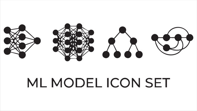 Set of black machine learning model icons representing neural network architectures and data science structures