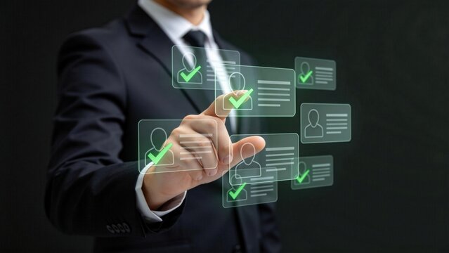 Businessman selecting candidate profiles on virtual screen,human resources recruitment and talent management concept with digital selection and hiring process