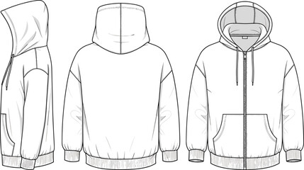 Zip Up Hoodie Fashion Flat Sketch Technical Drawing Template in Front Back and Side View