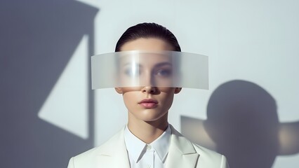 Professional woman with digital face overlay futuristic business technology concept