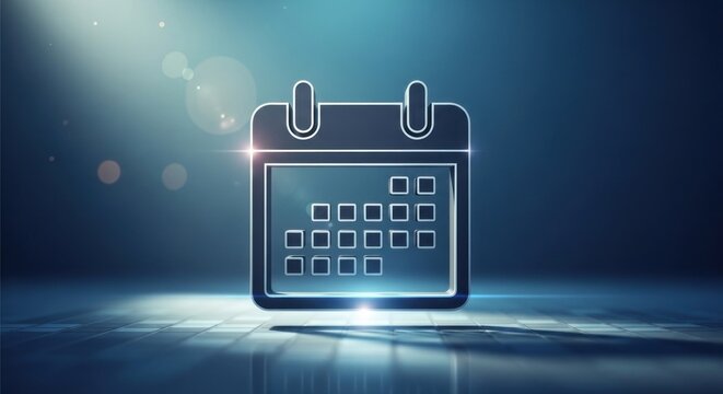 Stylized calendar icon illuminated on a blue digital surface, with light beams