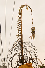 Penjor Bamboo Pole with Traditional Offerings in Bali Ceremony