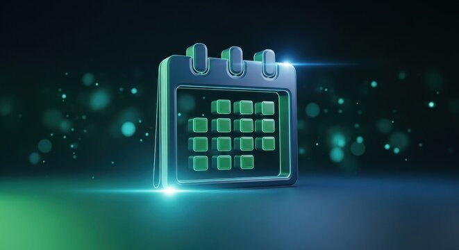 3D metallic calendar icon with green glow, floating against a blurred teal bokeh background