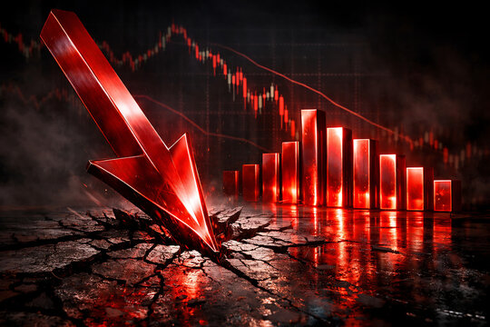 Conceptual image of red arrow crashing through ground representing market collapse and economic recession