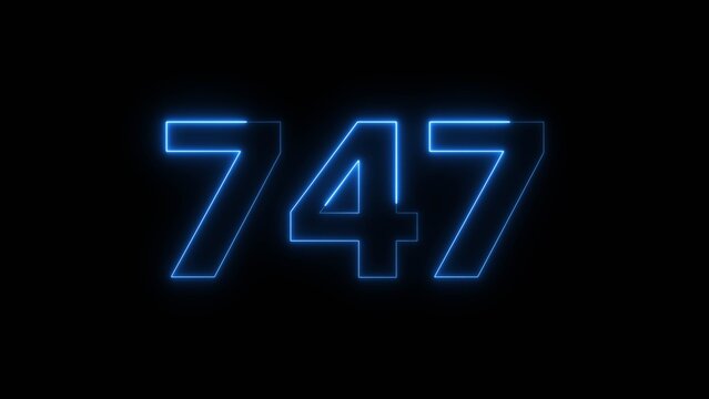 Abstract beautiful blue neon 747 number illustration background 4K. Glowing neon countdown number icon background.