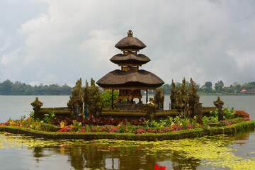 Iconic Lakeside Temple with Tiered Towers Amid Misty Mountains &ndash; Bali Tropical Serenity