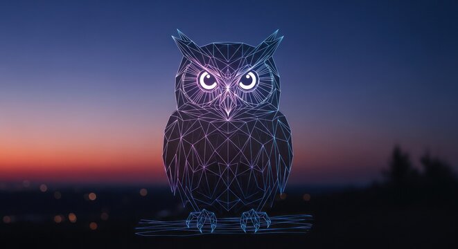 A polygonal owl glows against a blurred twilight landscape