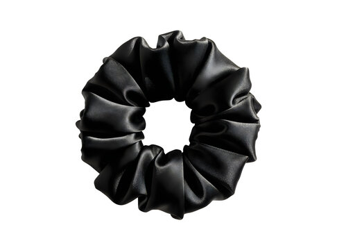Png black silk scrunchie hair tie isolated on transparent background