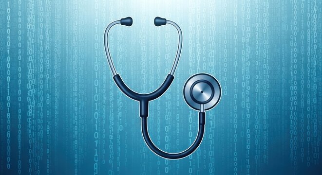 A stethoscope overlaying a blue binary code background, symbolizing digital health