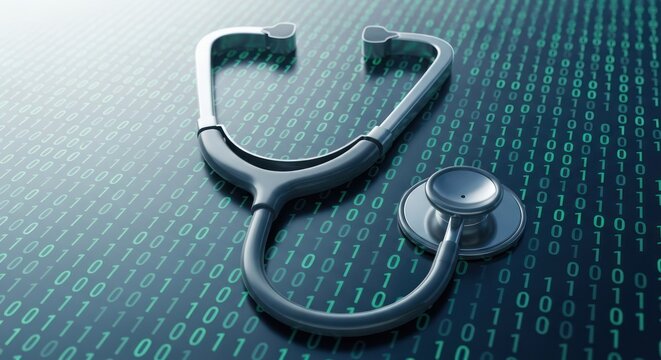 A stethoscope rests atop a binary code background, merging healthcare & tech concepts