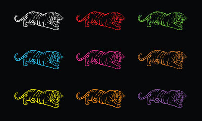 Neon Tiger Vector Set, Colorful Glowing Wild Cat Silhouettes, Crouching Predator © GHULAM Abbbas