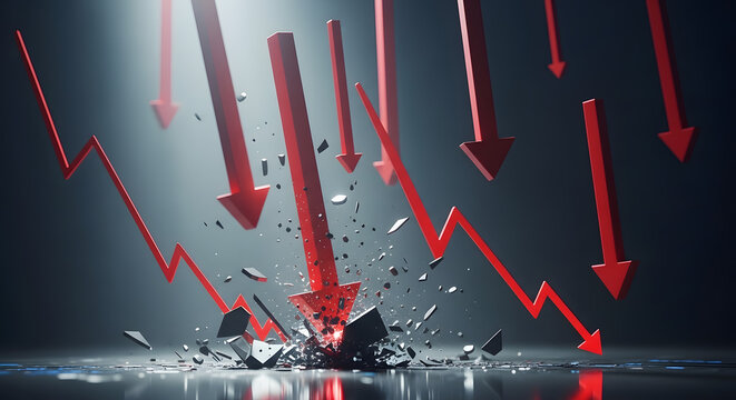 Falling red arrows and a crashing market graph illustrate severe financial downturn and economic crisis.