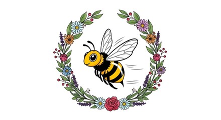 A bee flying around a floral wreath with flowers and leaves in a circular arrangement