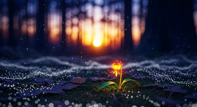 Glowing magic flower in a dark forest at sunset. Growth and enchanted nature concept. Luminous orange blossom standing out on mossy ground with bokeh lights in background