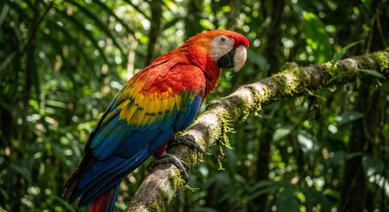 Fototapeta premium A radiant Scarlet Macaw perches gracefully on a moss-covered branch, its brilliant plumage creating a living rainbow of red, yellow, and blue against the lush, sun-dappled emerald canopy of the tropic