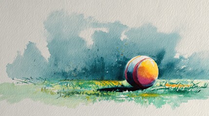 Obraz premium A watercolor painting of a colorful bowling ball resting on a textured surface with an abstract blue-green background.