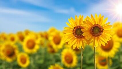 Fototapeta premium Two bright yellow sunflowers in a field of sunflowers