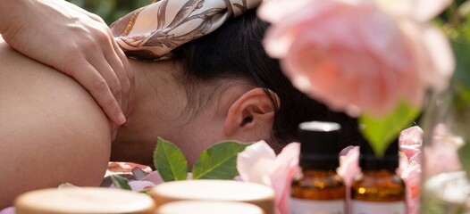 Relaxing Outdoor Massage with Essential Oils and Flowers.