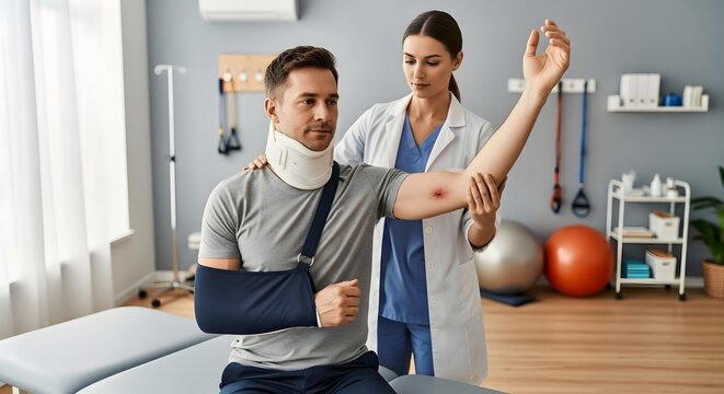 Medical rehabilitation and physiotherapy for arm injury. Healthcare recovery and support. Doctor examining an injured man wearing a neck collar and arm sling in a treatment clinic