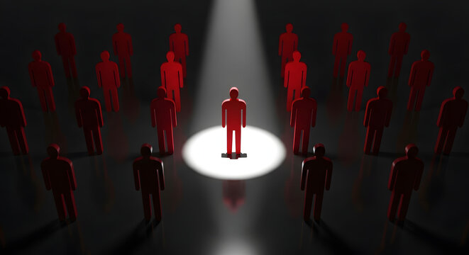 A single red person icon stands illuminated in a spotlight, surrounded by an attentive circle of similar red figures.