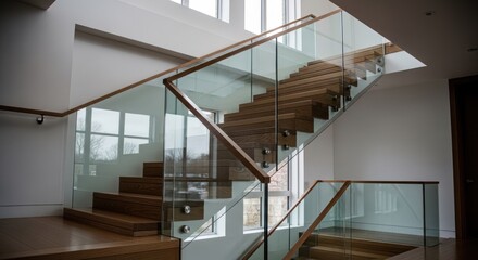 Interior shot of a modern staircase with wooden steps, glass panels, and a sleek design