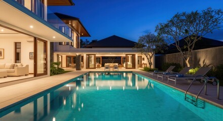 Fototapeta premium Luxurious illuminated villa with pool, lounge chairs, and open design at dusk