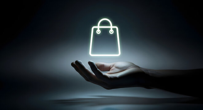 A human hand gently supports a brightly glowing holographic shopping bag icon against a dark, mysterious background.