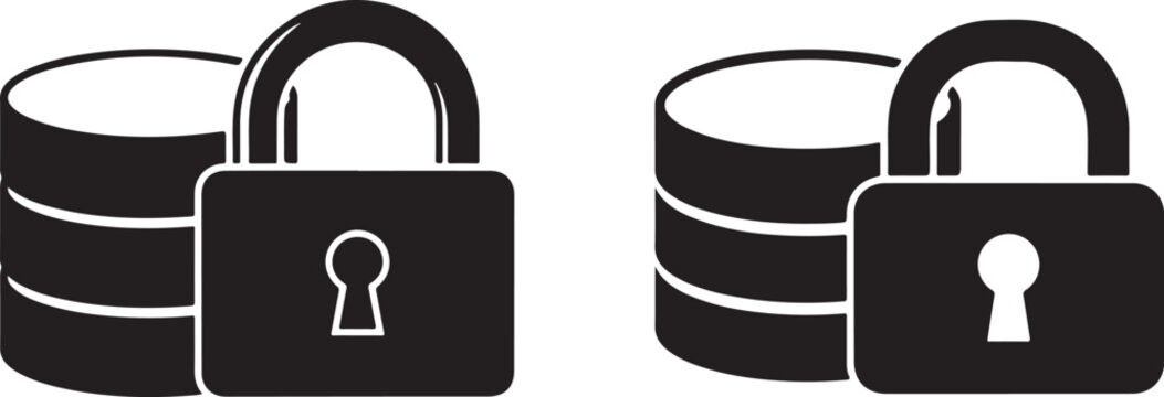 Database security icons showing server storage cylinders protected by large padlocks symbolizing encrypted data protection and server information safety measures