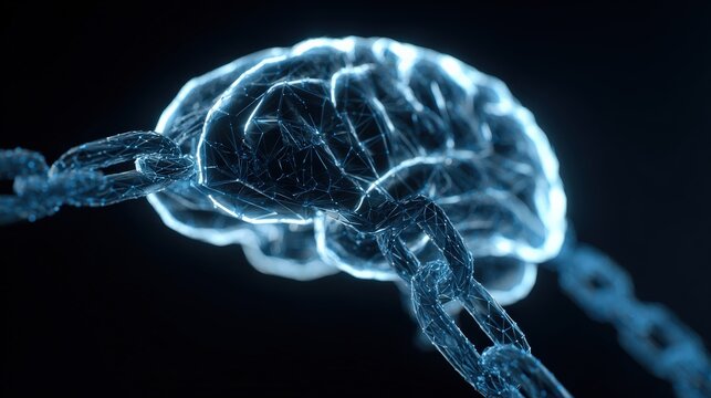 An intricate visual of a glowing blue brain entwined and constricted by metal chains. ..Created with Generative AI, not depicting real subjects.