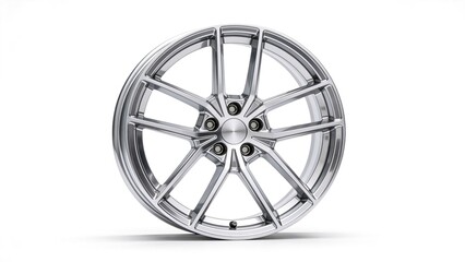 Obraz premium Modern silver alloy wheel rim isolated on white background,high performance automotive design with multi spoke structure for car tuning,transportation industry concept