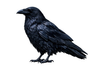 Obraz premium Black common raven standing, featuring detailed feathers and intelligent eyes, isolated on transparent background