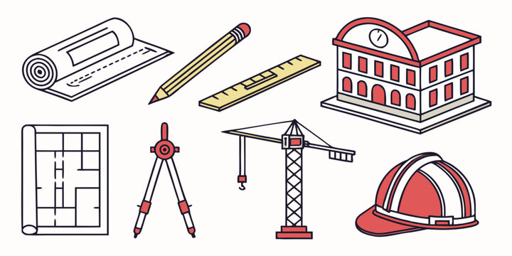 Assorted construction and architectural tools and equipment