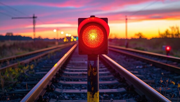 Bright red railroad stop signal illuminated against a vibrant sunset sky over parallel tracks