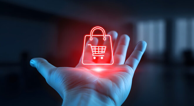 A human hand presents a glowing holographic shopping bag icon, representing digital e-commerce.