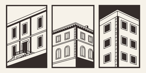 Three distinct architectural styles of buildings showcased in a single image