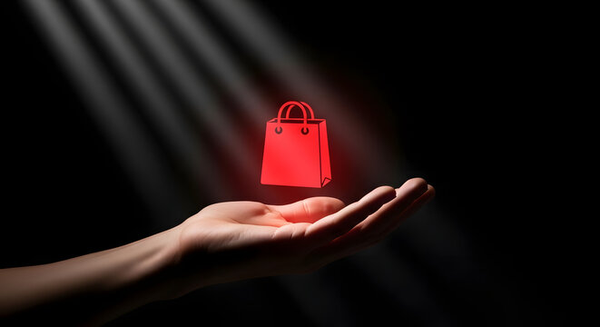 A human hand presents a glowing red holographic shopping bag icon in a dark space.