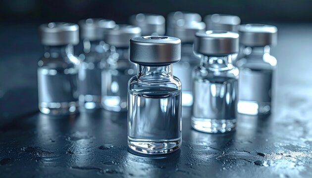 Clear glass vials filled with liquid, ready for pharmaceutical injection and medical treatment