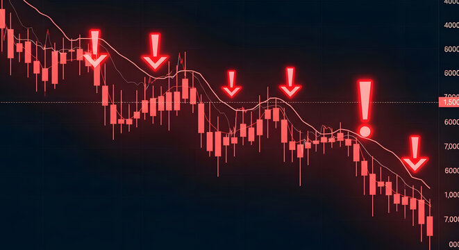 A red stock market chart dramatically shows a severe decline with distinct downward arrows.
