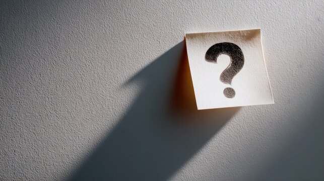 A question mark is on a sticky note. The sticky note has a shadow and is attached to a wall. The image conveys curiosity and a desire for information.